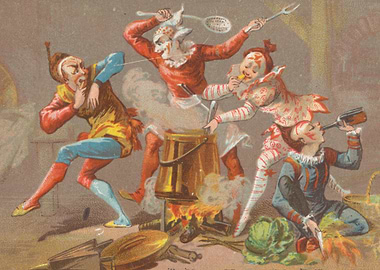 Clowns cooking and drinking