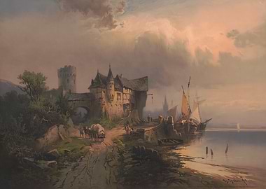 Medieval Riverside Town with Boats