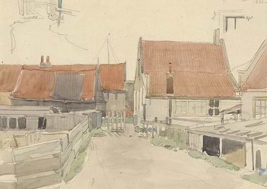 Watercolor sketch of Dutch village street