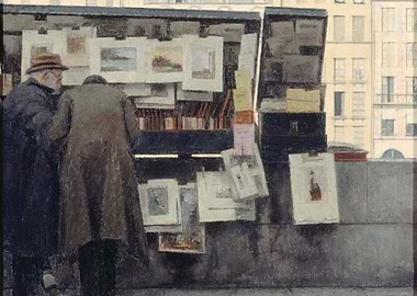 Two men browsing art at a street stall