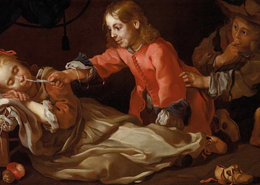 Children playing a prank on a sleeping child