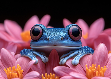 Blue frog on pink flowers