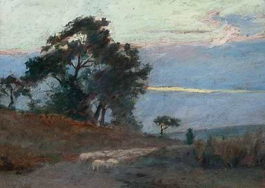 Shepherd with Sheep by the Sea at Dusk