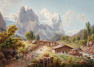 Alpine Village with Glacier and Mountains