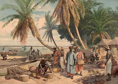 African Market Scene by the River