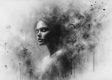 Woman dissolving into smoke and money