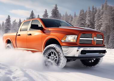 Orange Ram Truck in Snow
