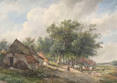 Pastoral Farm Scene with Cattle and Thatched Roof Barn