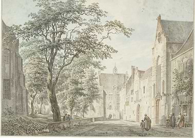 Courtyard with figures and trees