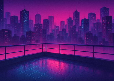 Cyberpunk City Rooftop View