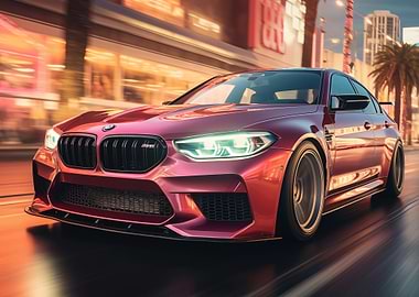 Red BMW M5 Driving in City