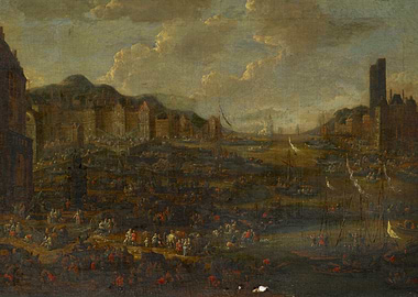 Busy harbor scene with ships and buildings