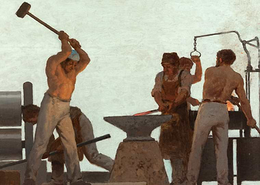 Blacksmiths working at an anvil
