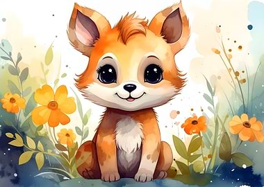 Cute Fox in a Field of Flowers