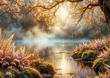 Misty Forest Lake at Sunrise