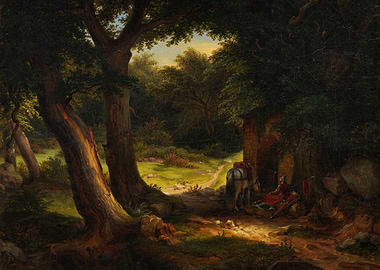 Knight Resting by a Forest Cabin