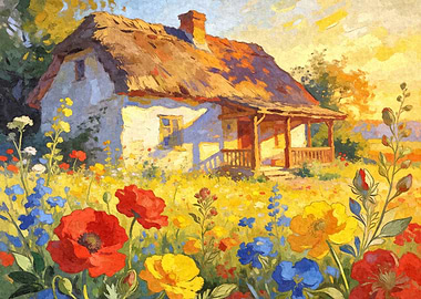 Impressionist Painting of a Cottage in a Flower Field