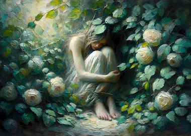 Sad Woman in a Rose Garden