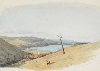 Watercolor Landscape of a Lake and Hills
