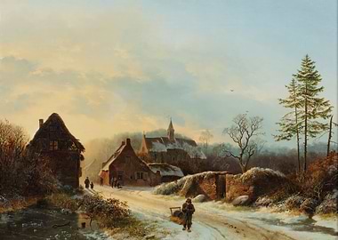 Winter Village Scene with Church