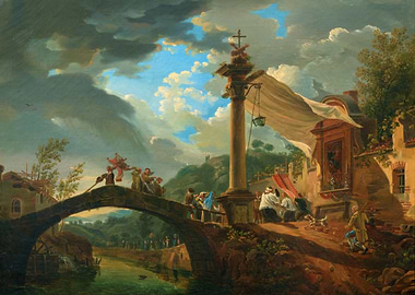 Procession on a bridge with a column