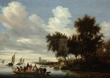 Ferry crossing a river with sailboats