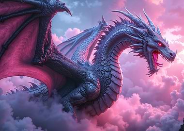 Fierce Dragon in Pink Clouds