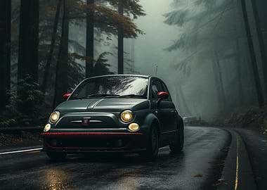 Fiat on a foggy forest road