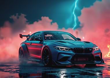 Blue BMW M4 with Spoiler in Stormy Atmosphere