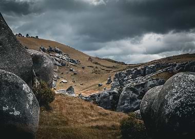 Dramatic Landscape with Boulders and Stormy Sky (Castle Hill, New Zealand)