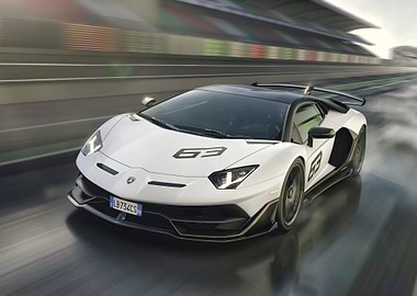 White Lamborghini Aventador SVJ on Racetrack