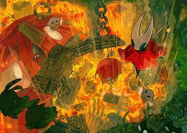 Hornet and companions in a fiery landscape