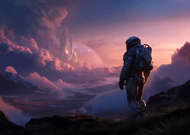 Astronaut overlooking alien city at sunset