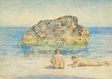 Boys on a Beach with a Rock