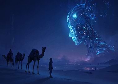 Futuristic AI meets desert travelers