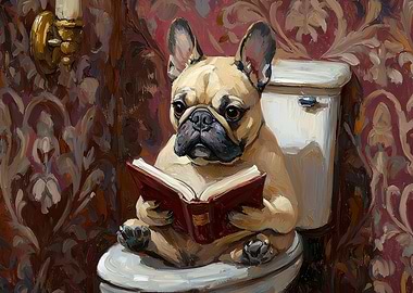 French Bulldog Reading on Toilet