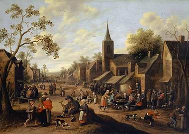 Village Scene with People and Church