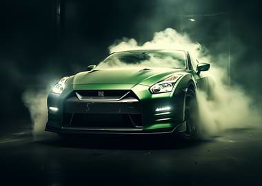 Green Nissan GT-R in Smoke