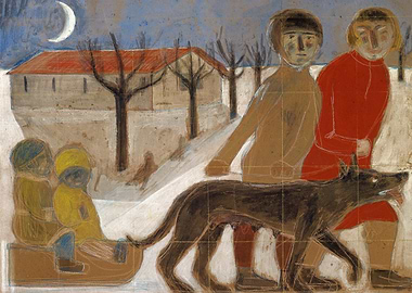 Children and dog pulling a sled in winter