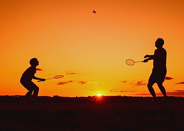 Father and son playing badminton at sunset