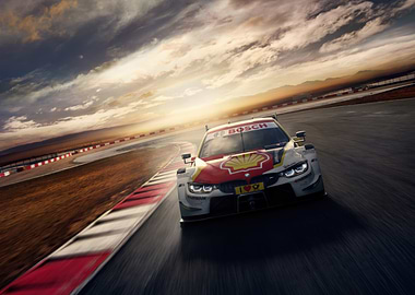 Race Car on Track at Sunset