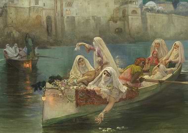 Women in a boat with a musician