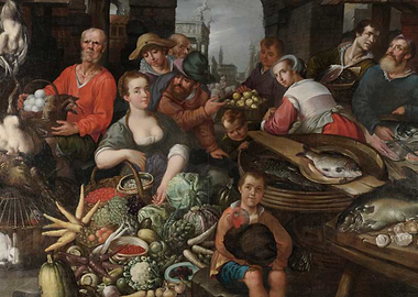 Bustling Market Scene with Abundant Produce and Fish
