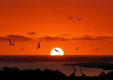 Dinosaurs and Pterodactyls at Sunset
