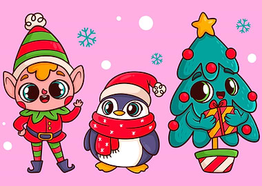 Cute Christmas Characters on Pink Background