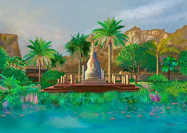 Serene Buddha Temple Lake Thailand Watercolor
