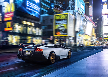White Lamborghini speeds through Times Square