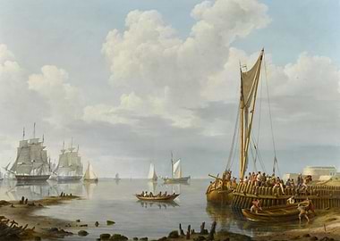 Boats in a Harbor with Tall Ships