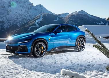 Blue Ferrari Purosangue in Snowy Mountains