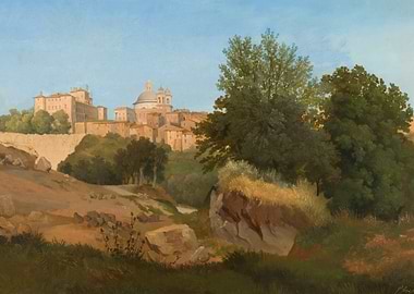 Italian Townscape with Dome and Trees